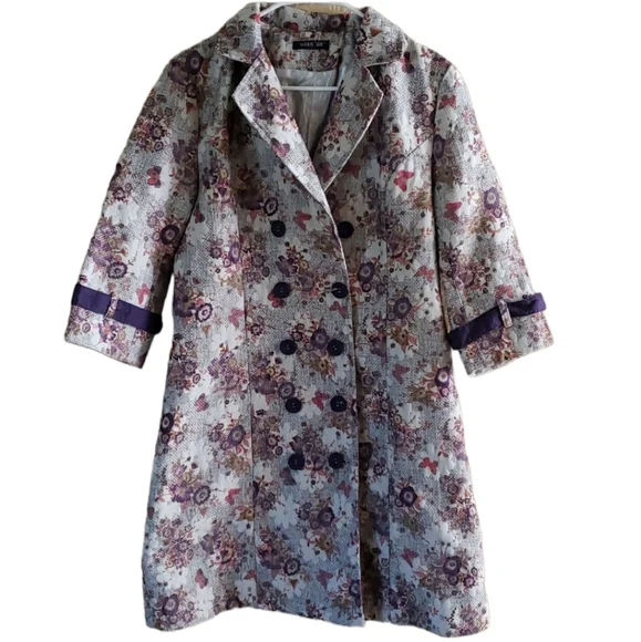 Miss 'De Floral Pea Coat. Trench Coat. Purple Floral. Size Medium. - Picture 1 of 12